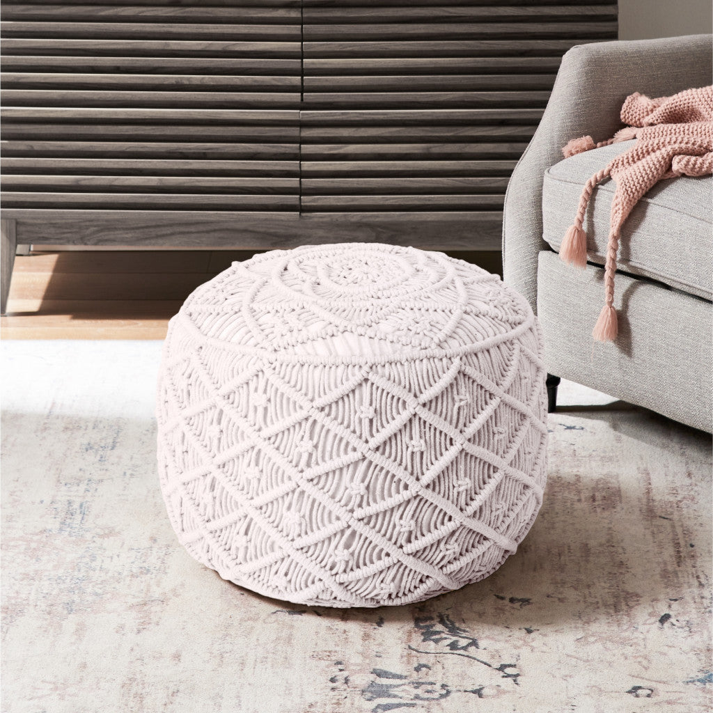 18" Light Gray Cotton Blend And Brown Round Pouf Ottoman