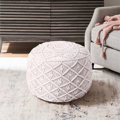 18" Light Gray Cotton Blend And Brown Round Pouf Ottoman