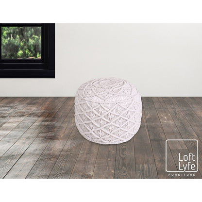 18" Light Gray Cotton Blend And Brown Round Pouf Ottoman