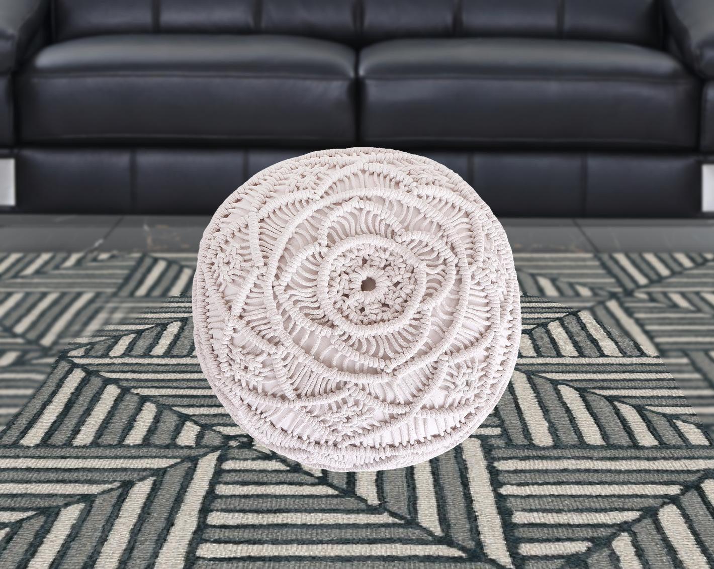 18" Light Gray Cotton Blend And Brown Round Pouf Ottoman