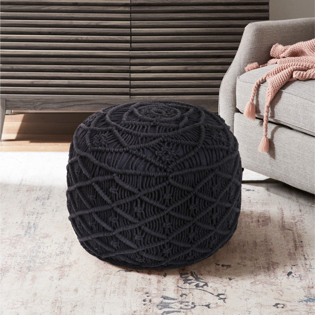18" Light Gray Cotton Blend And Brown Round Pouf Ottoman