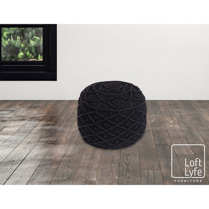 18" Light Gray Cotton Blend And Brown Round Pouf Ottoman