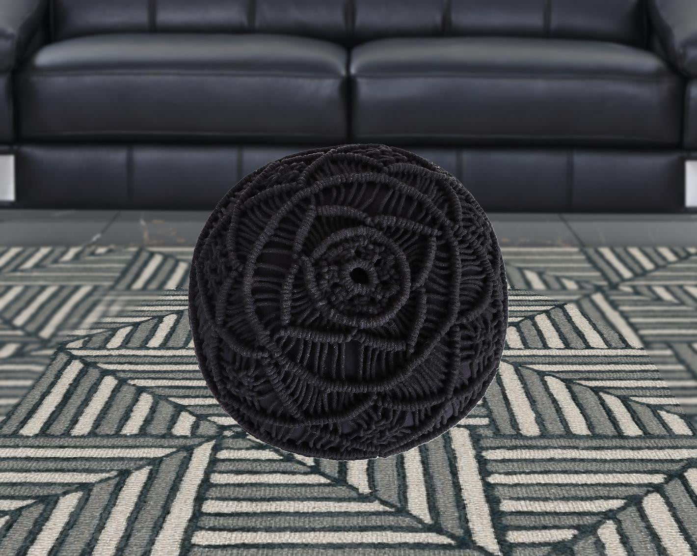 18" Light Gray Cotton Blend And Brown Round Pouf Ottoman