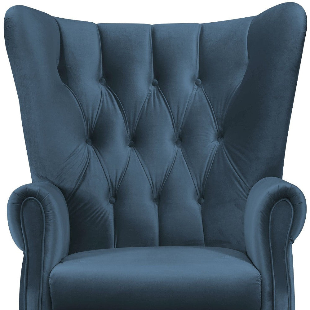 34" Azure Blue Velvet And Brown Solid Color Wingback Chair
