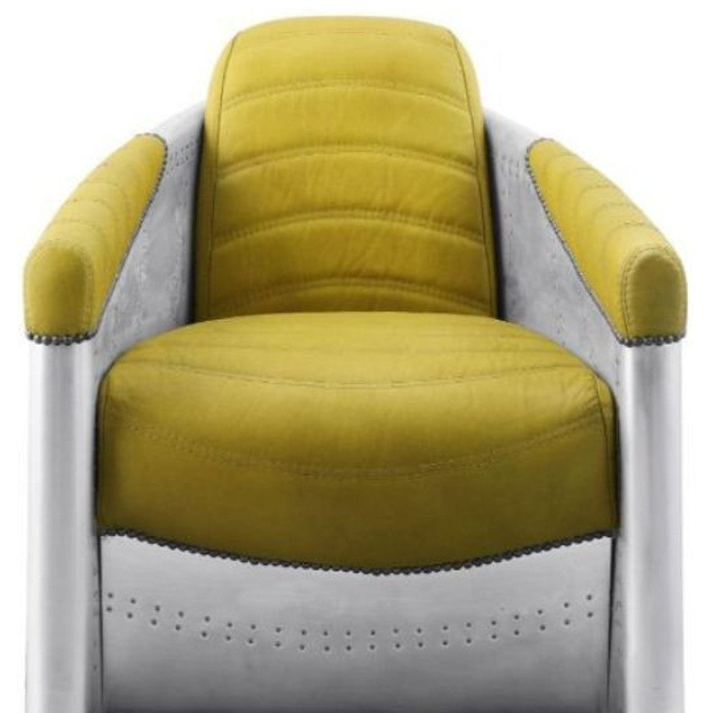 28" Yellow Top Grain Leather And Steel Barrel Chair