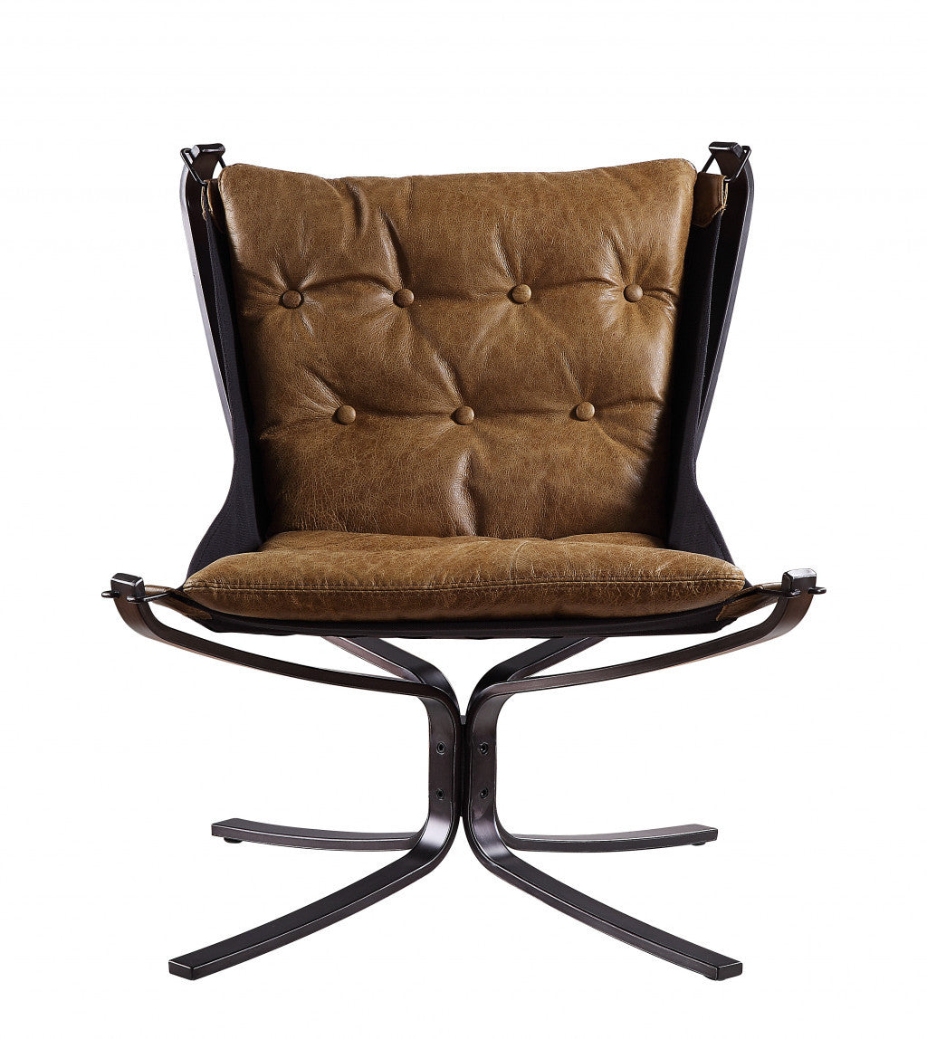 30" Coffee Top Grain Leather And Steel Solid Color Lounge Chair
