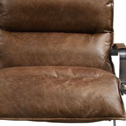 28" Brown Top Grain Leather And Steel Lounge Chair
