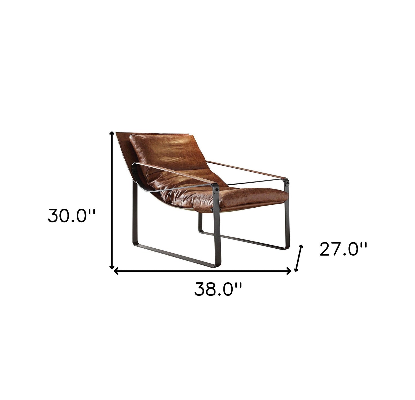 27" Brown Top Grain Leather And Steel Lounge Chair