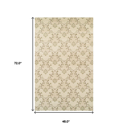 4' X 6' Beige Green and Brown Floral Vines Stain Resistant Area Rug