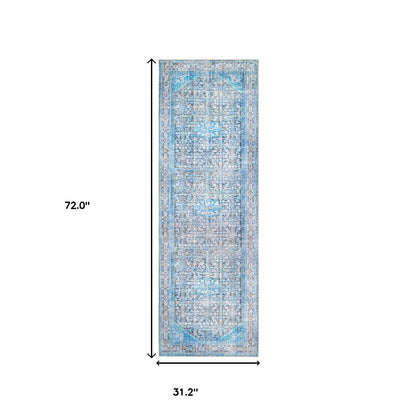 8' Shades Of Azure Oriental Power Loom Stain Resistant Runner Rug
