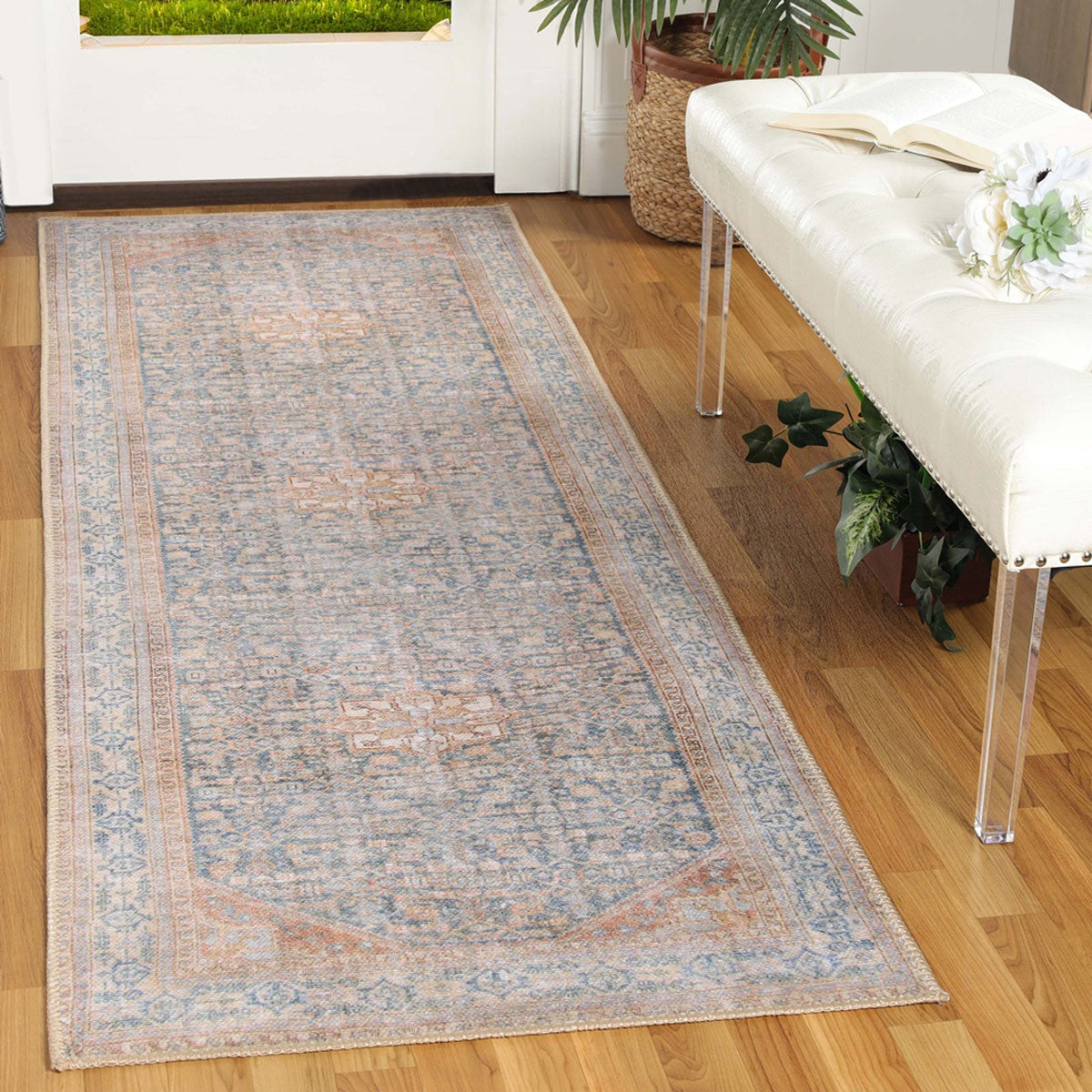 8' Runner Latte and Blue Oriental Medallion Runner Rug