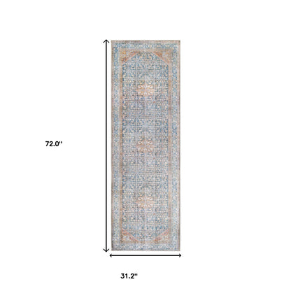 8' Runner Latte and Blue Oriental Medallion Runner Rug