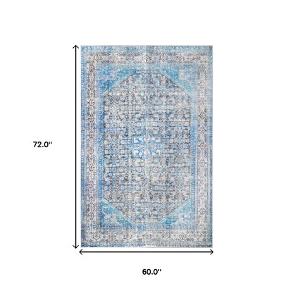 5' X 7' Shades Of Azure Oriental Medallion Stain Resistant Area Rug