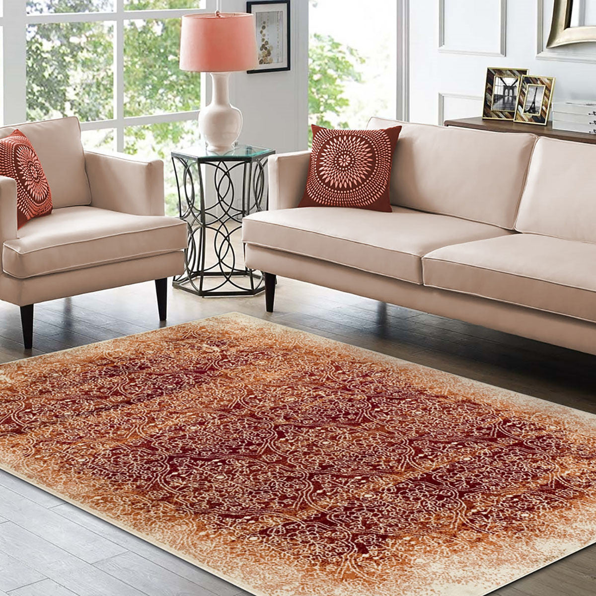 8' X 10' Orange Medallion Stain Resistant Area Rug