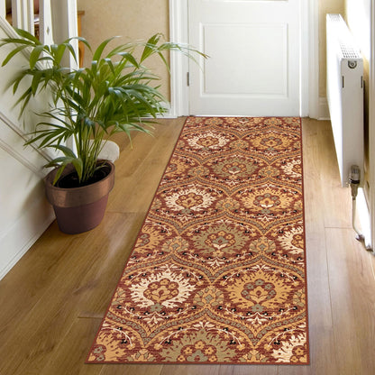 8' Red Gold And Olive Floral Stain Resistant Runner Rug