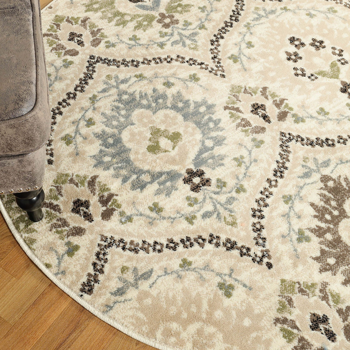 5' Round Ivory Gray And Olive Round Floral Stain Resistant Area Rug