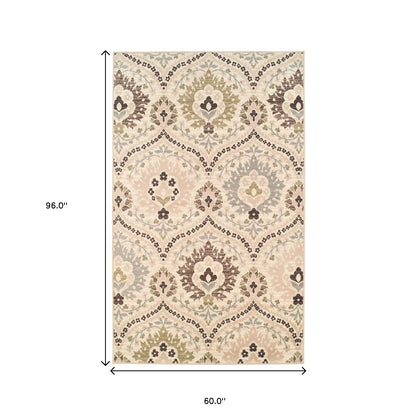 5' X 8' Ivory Gray And Olive Floral Stain Resistant Area Rug