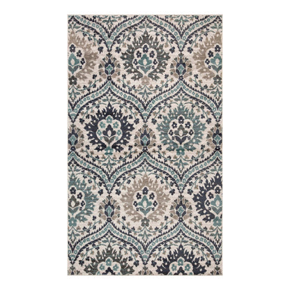 5' X 8' Ivory Blue And Gray Floral Stain Resistant Area Rug