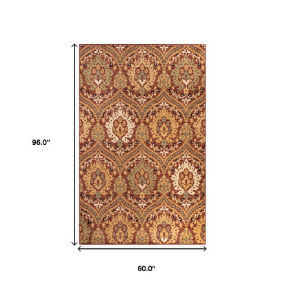 5' X 8' Red Olive And Gold Floral Stain Resistant Area Rug