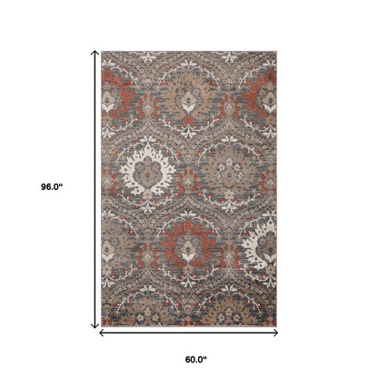5' X 8' Rust Floral Stain Resistant Area Rug