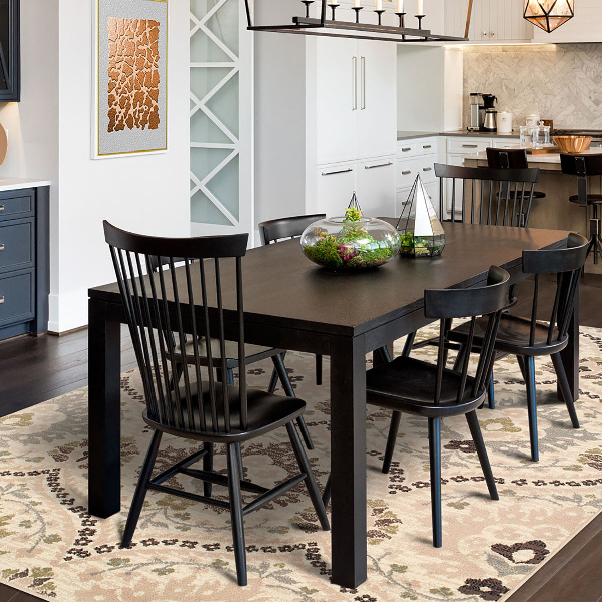 7' X 9' Ivory Gray And Olive Floral Stain Resistant Area Rug