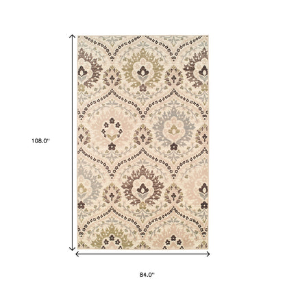 7' X 9' Ivory Gray And Olive Floral Stain Resistant Area Rug