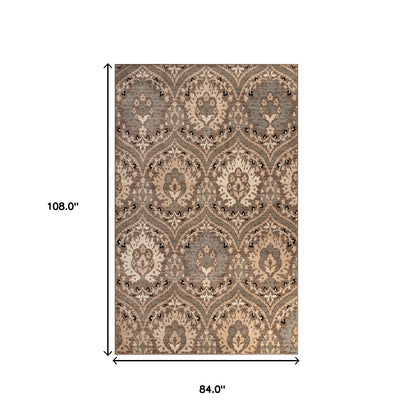 7' X 9' Ivory Beige And Light Blue Floral Stain Resistant Area Rug