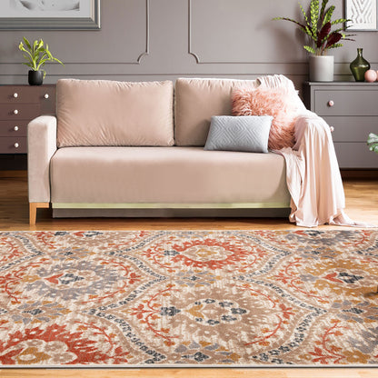 8' X 10' Ivory Orange And Gray Floral Stain Resistant Area Rug
