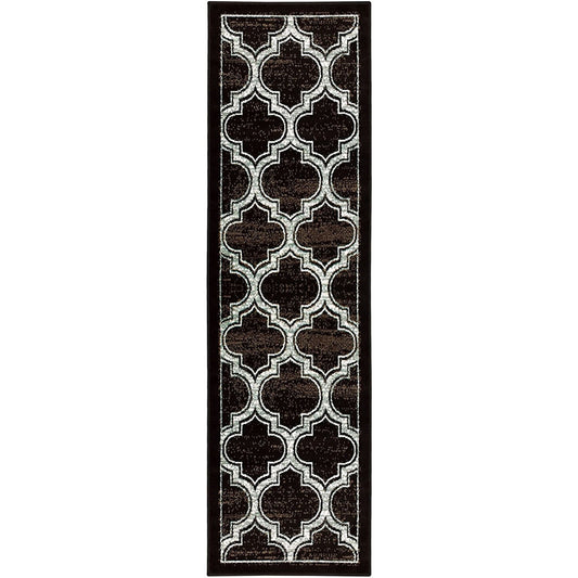 8' Black Geometric Stain Resistant Runner Rug