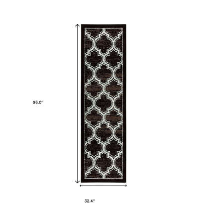 8' Black Geometric Stain Resistant Runner Rug