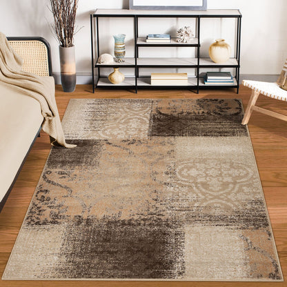4' X 6' Beige Gray And Black Damask Distressed Stain Resistant Area Rug