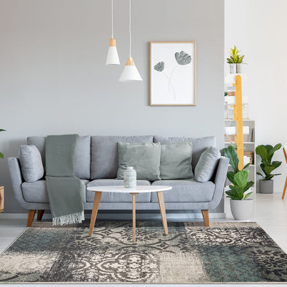 5' X 8' Teal And Gray Damask Distressed Stain Resistant Area Rug