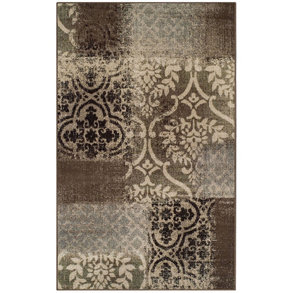8' X 10' Ivory Light Blue Damask Distressed Stain Resistant Area Rug