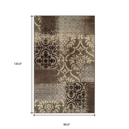 8' X 10' Ivory Light Blue Damask Distressed Stain Resistant Area Rug