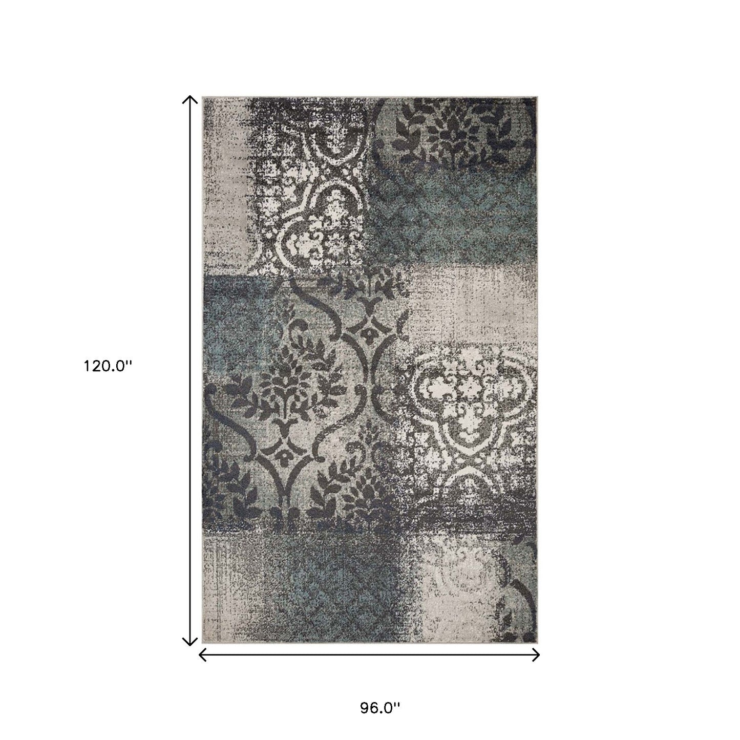 8' X 10' Teal And Gray Damask Distressed Stain Resistant Area Rug
