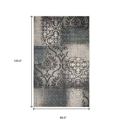 8' X 10' Teal And Gray Damask Distressed Stain Resistant Area Rug