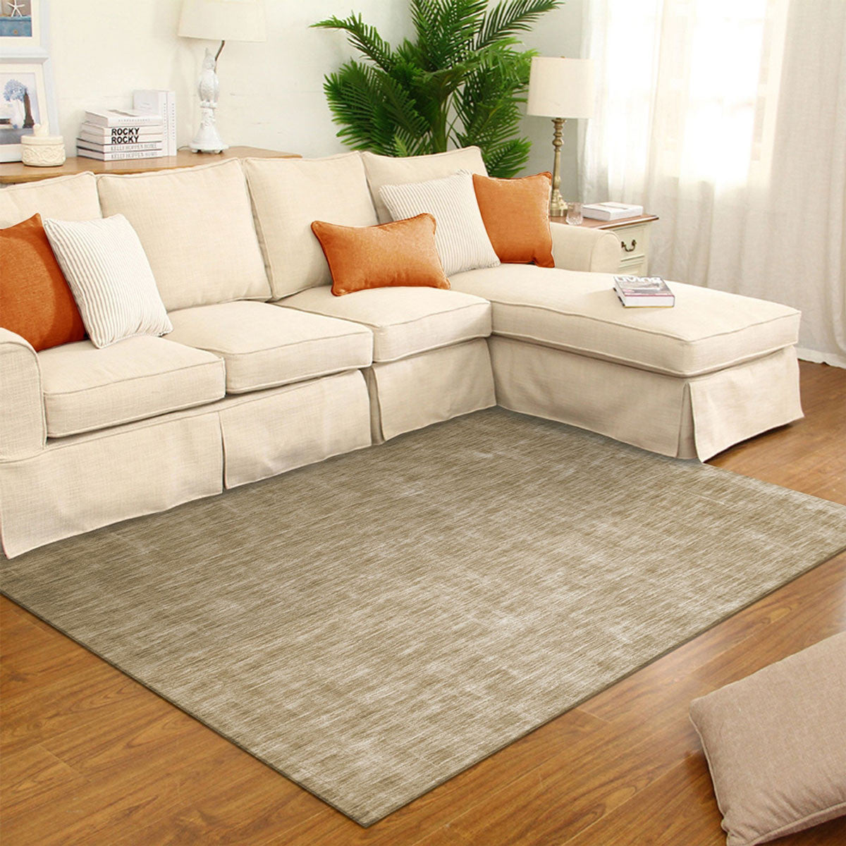 5' X 8' Beige Abstract Hand Woven Stain Resistant Area Rug