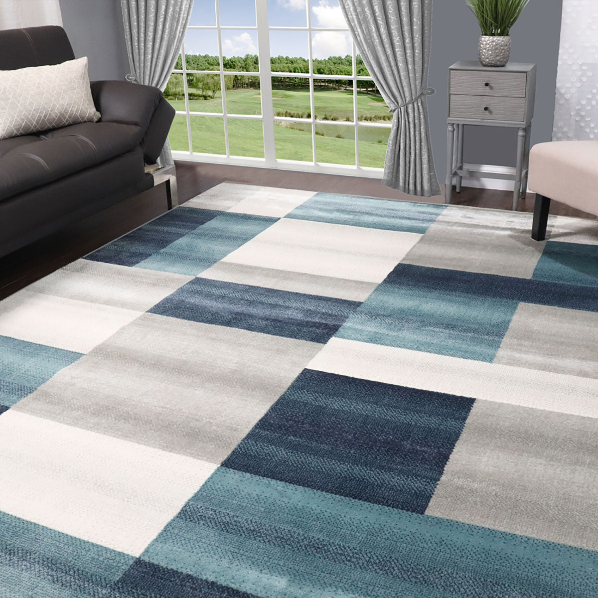 5' X 8' Teal And Gray Patchwork Power Loom Stain Resistant Area Rug