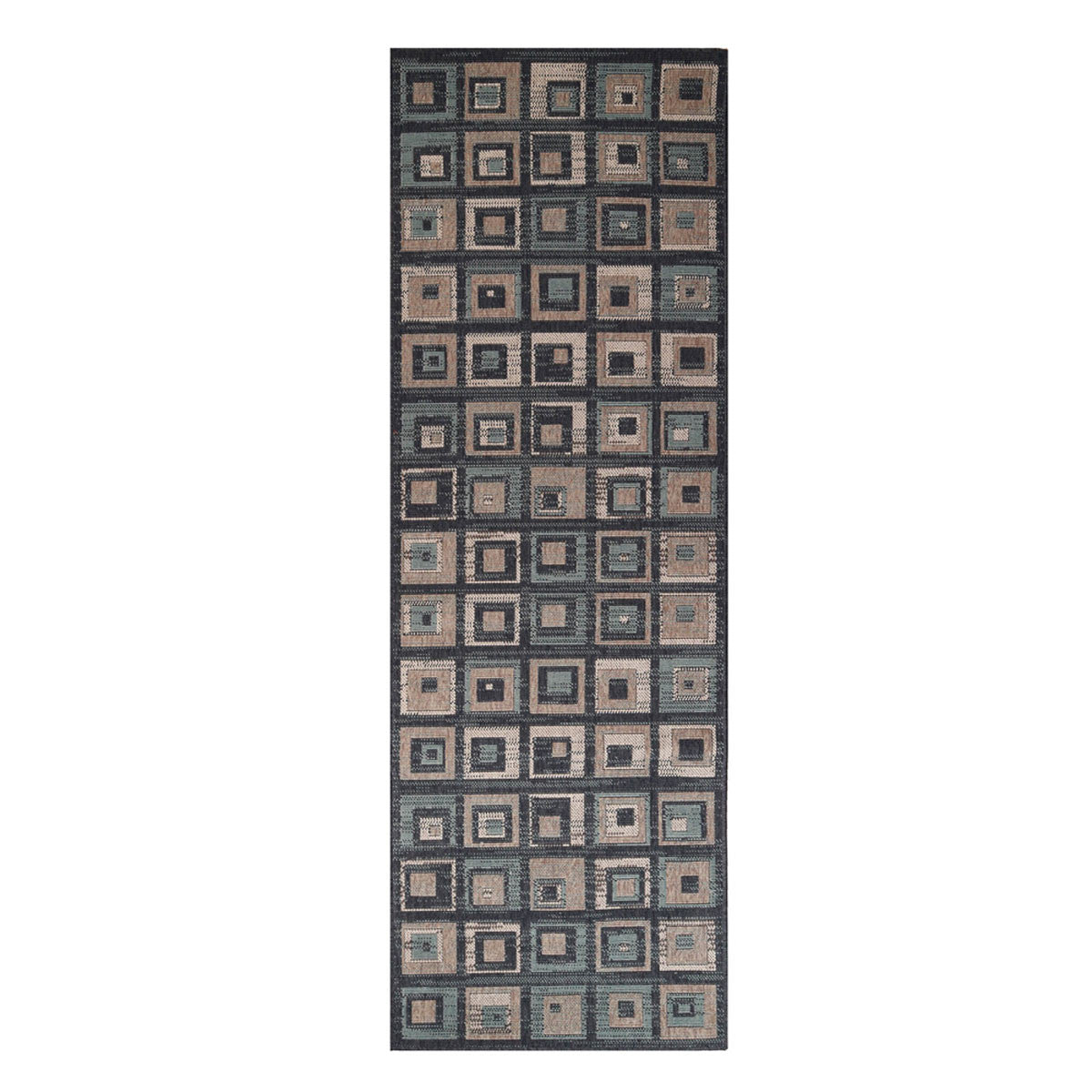 8' Color Block Beige And Teal Checkered Stain Resistant Runner Rug