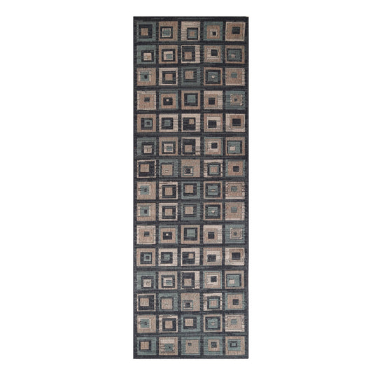 8' Color Block Beige And Teal Checkered Stain Resistant Runner Rug