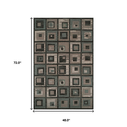 4' X 6' Color Block Beige And Teal Checkered Stain Resistant Area Rug