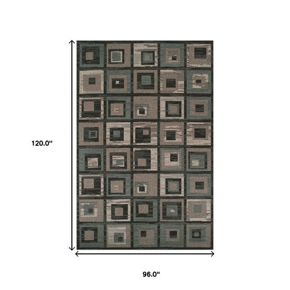 8' X 10' Color Block Beige And Teal Checkered Stain Resistant Area Rug