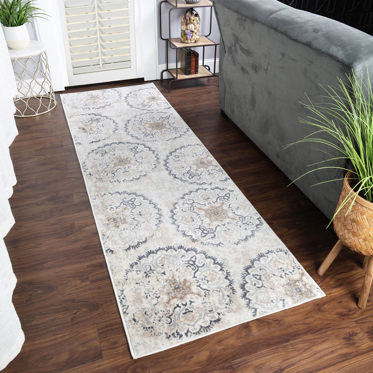 8' Ivory Geometric Medallion Stain Resistant Runner Rug