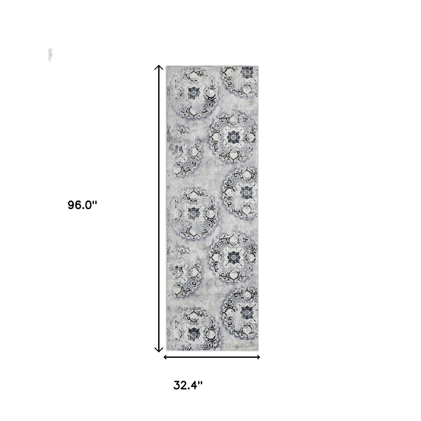 8' Silver And Gray Geometric Medallion Stain Resistant Runner Rug