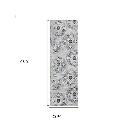 8' Silver And Gray Geometric Medallion Stain Resistant Runner Rug