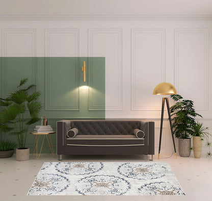 5' X 8' Ivory Geometric Medallion  Stain Resistant Area Rug