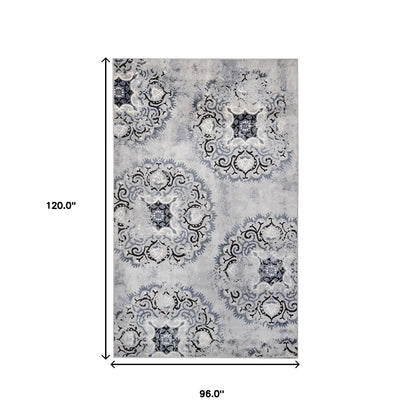 8' X 10' Silver And Gray Geometric Medallion Stain Resistant Area Rug