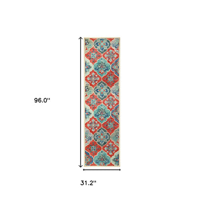 8' Blue And Rust Wool Geometric Tufted Stain Resistant Runner Rug