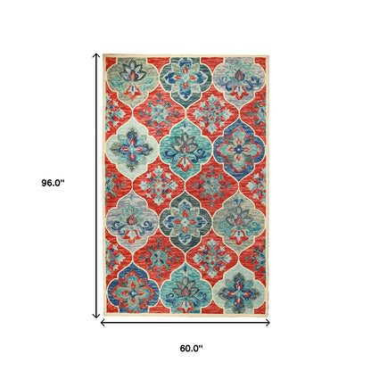 5' X 8' Blue And Rust Wool Geometric Tufted Stain Resistant Area Rug