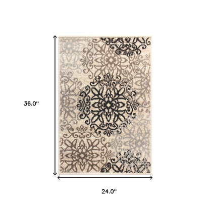 2' X 3' Tan Gray And Black Floral Medallion Stain Resistant Area Rug